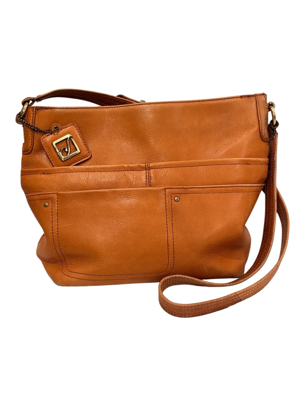 Stone Mountain Cognac Tan Leather Shoulder Bag with Logo Charm